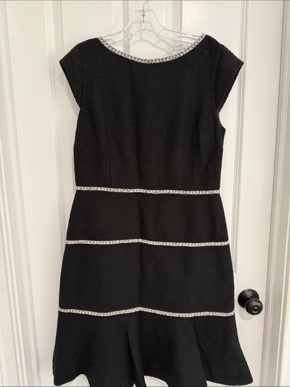 Ann Taylor Black Textured Cap-Sleeve Dress with white Trim